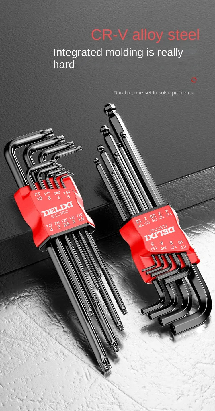 Conjunto de Chaves Allen DELIXI ELECTRIC – Kit de Chaves Hexagonais com Adaptador de Soquete, Torque Universal, Longas e Métricas .