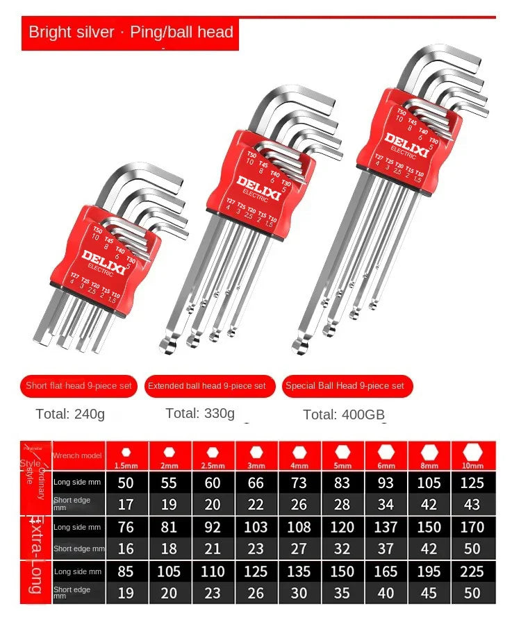 Conjunto de Chaves Allen DELIXI ELECTRIC – Kit de Chaves Hexagonais com Adaptador de Soquete, Torque Universal, Longas e Métricas .